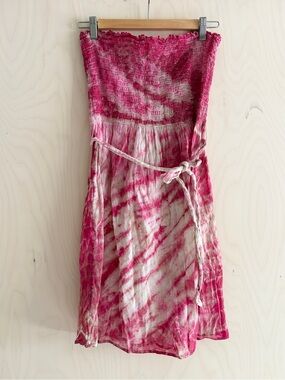 Strapless Pink Tie-Dye Smocked Summer Dress with Waist Tie